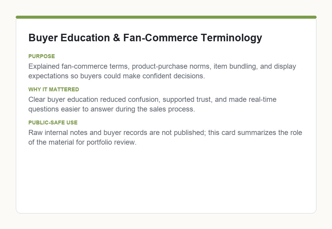 Buyer education and fan-commerce terminology summary card