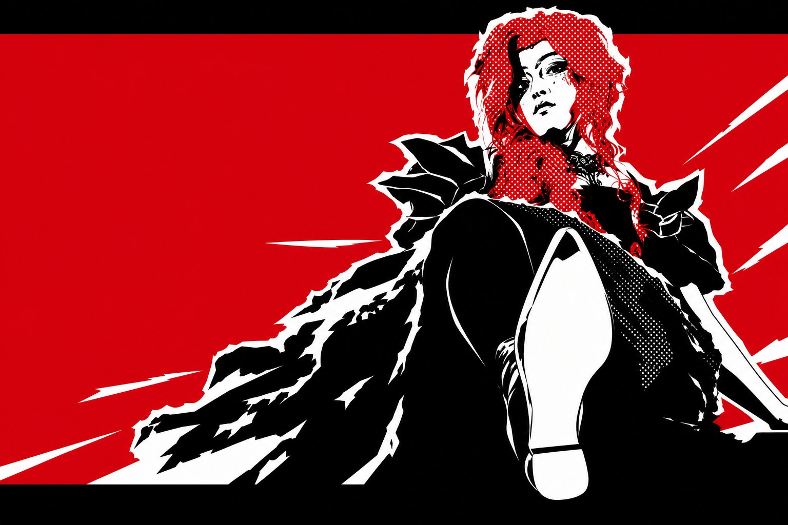 Red, black, and white graphic portrait of Yuxuan Du in a dynamic low-angle pose