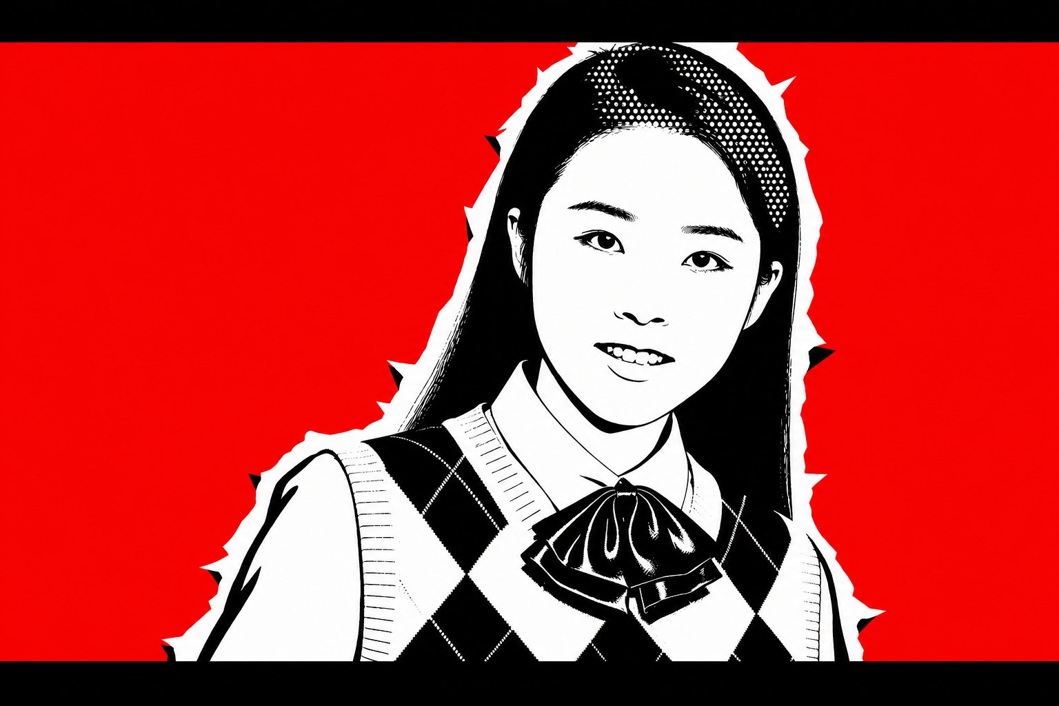 Graphic red, black, and white portrait of Yuxuan Du